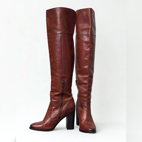 FRYE Corinne Over The Knee Leather Heeled Boots Size 8 Cognac Brown - Picture 3 of 13